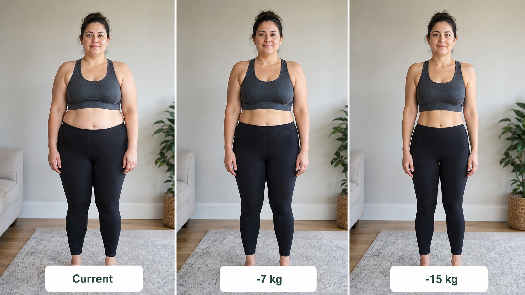 AI-generated three-frame preview showing current, 7 kg lighter, and 15 kg lighter