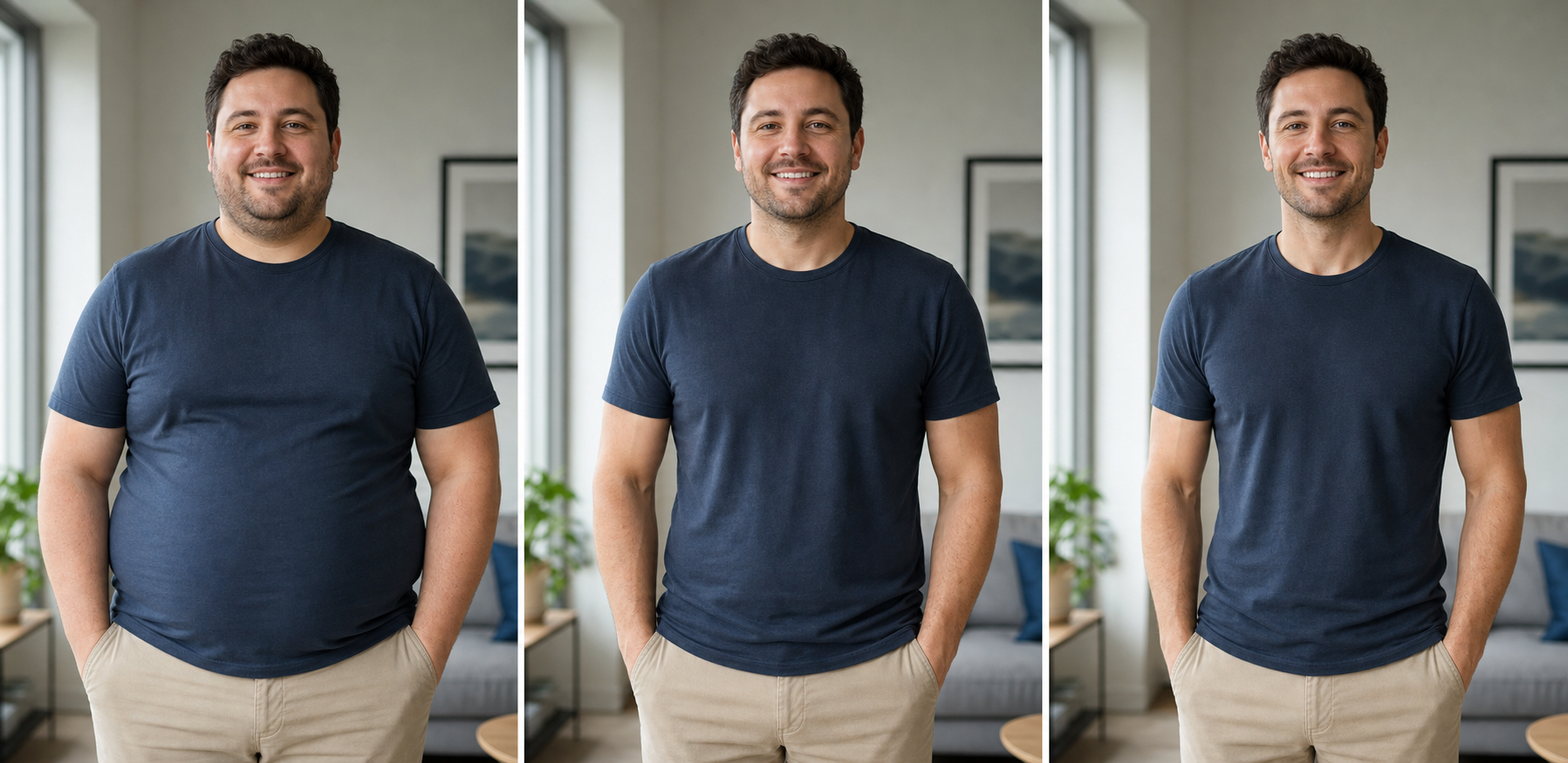 Face and upper body showing current, 7 kg lighter, and 15 kg lighter AI simulation